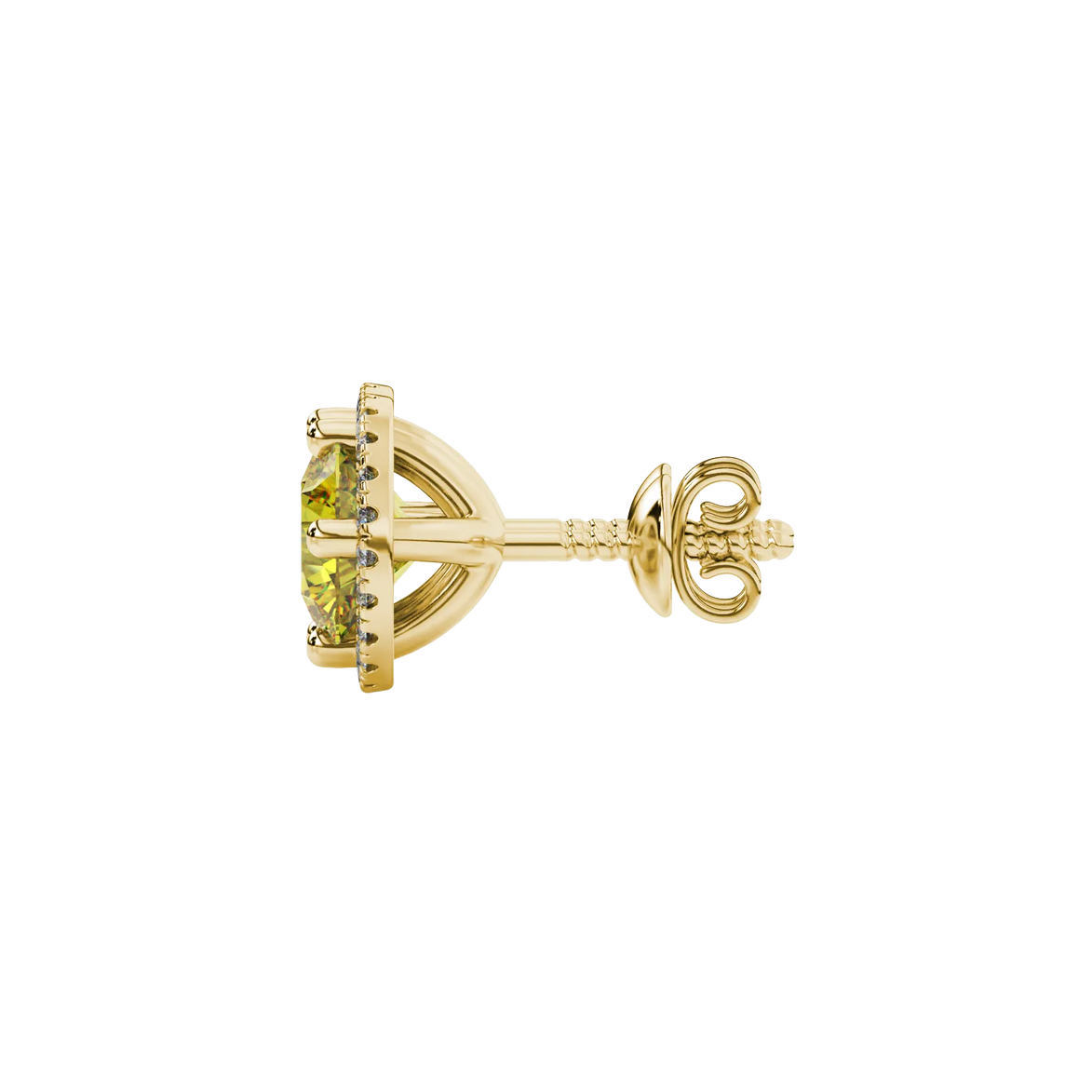 Side angle of yellow gold canary yellow gemstone stud earrings displaying the French pavé halo.