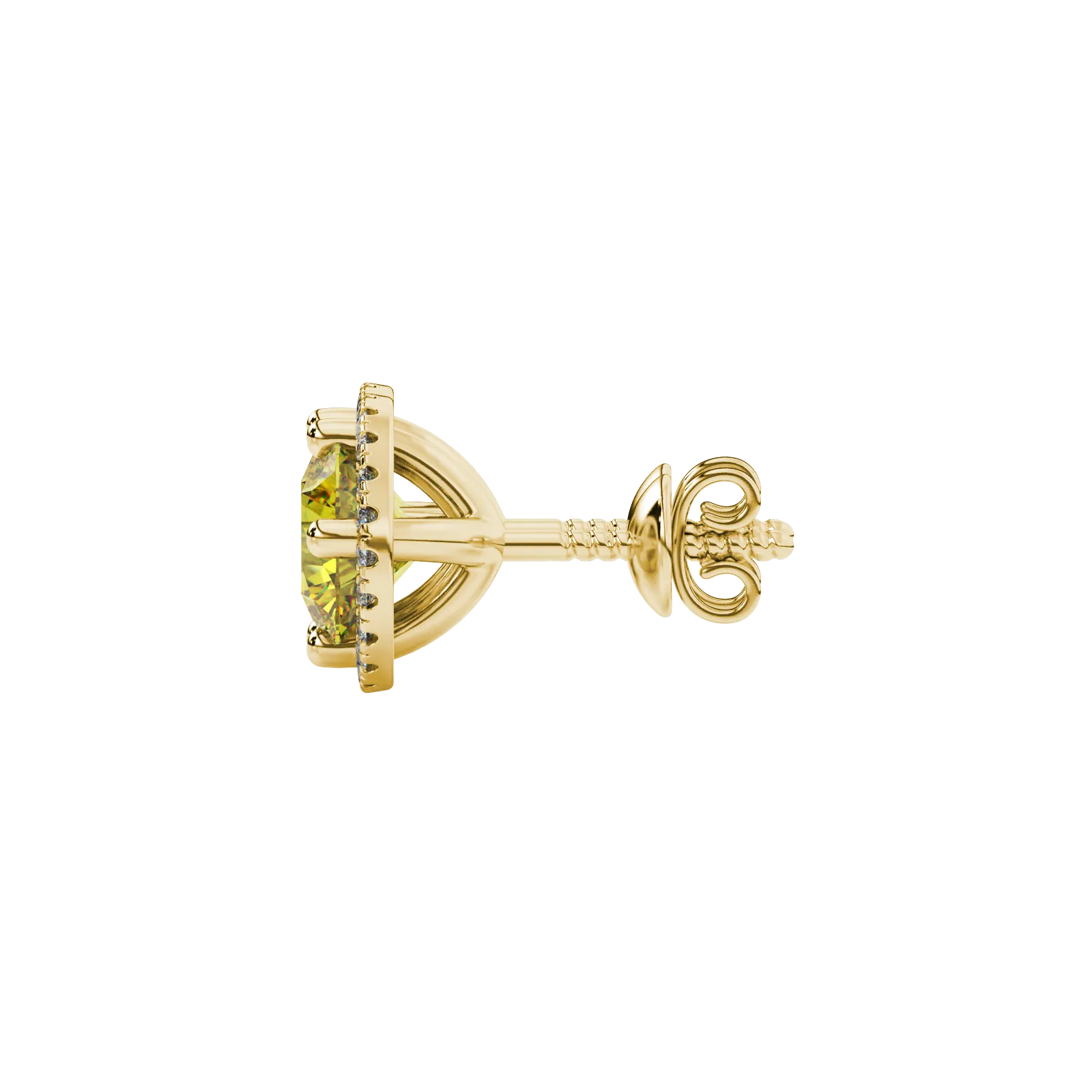 Side angle of yellow gold canary yellow gemstone stud earrings displaying the French pavé halo.