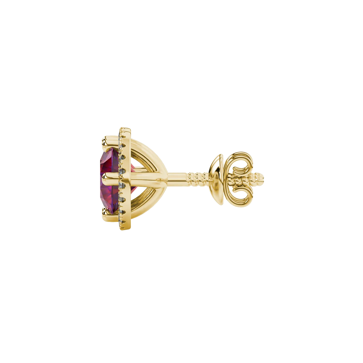Side view of yellow gold raspberry red gemstone stud earrings with a detailed French pavé halo design.