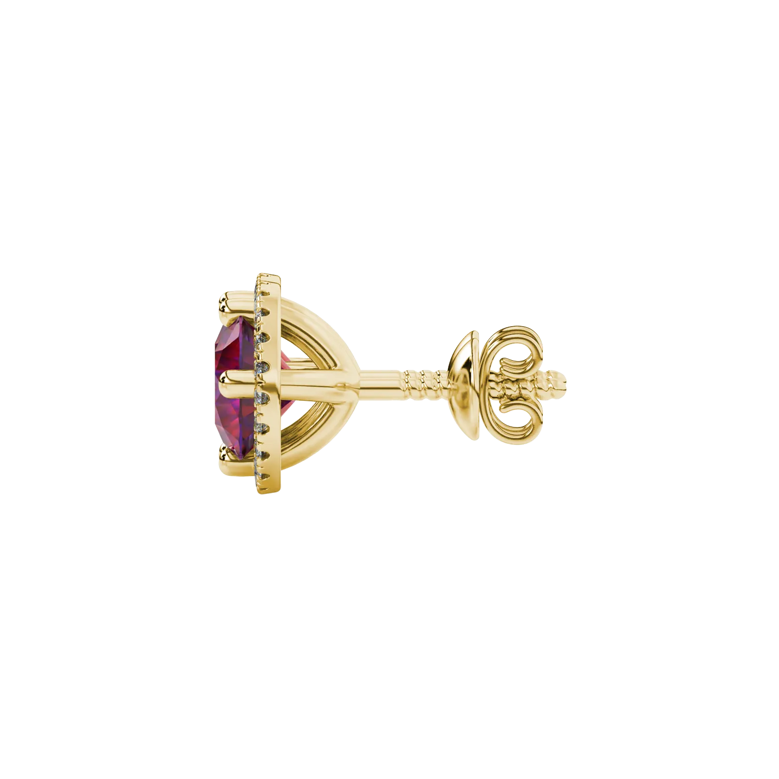 Side view of yellow gold raspberry red gemstone stud earrings with a detailed French pavé halo design.
