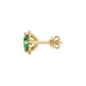 Side profile of yellow gold emerald green gemstone stud earrings with a French pavé halo design.