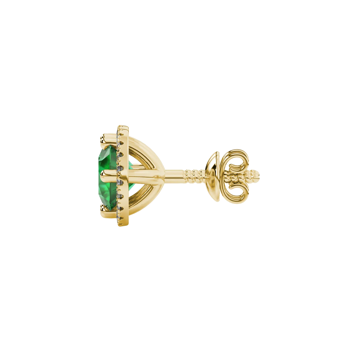 Side profile of yellow gold emerald green gemstone stud earrings with a French pavé halo design.
