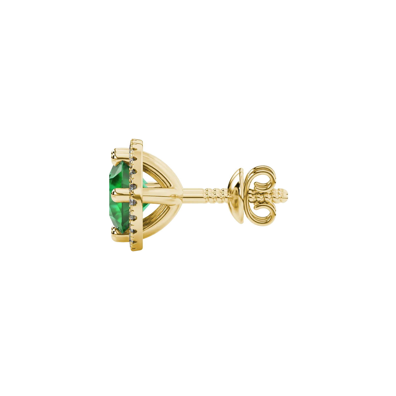 Side profile of yellow gold emerald green gemstone stud earrings with a French pavé halo design.