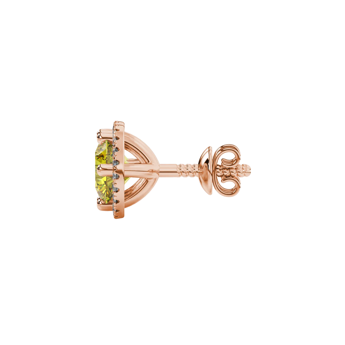 Side view of rose gold canary yellow gemstone stud earrings highlighting the French pavé halo.
