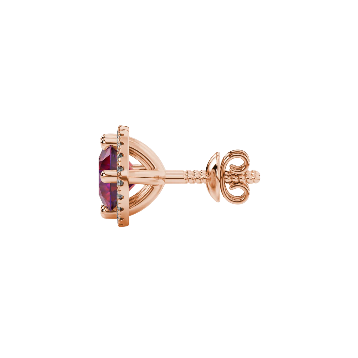 Side profile of rose gold raspberry red gemstone earrings showcasing the French pavé halo gallery.