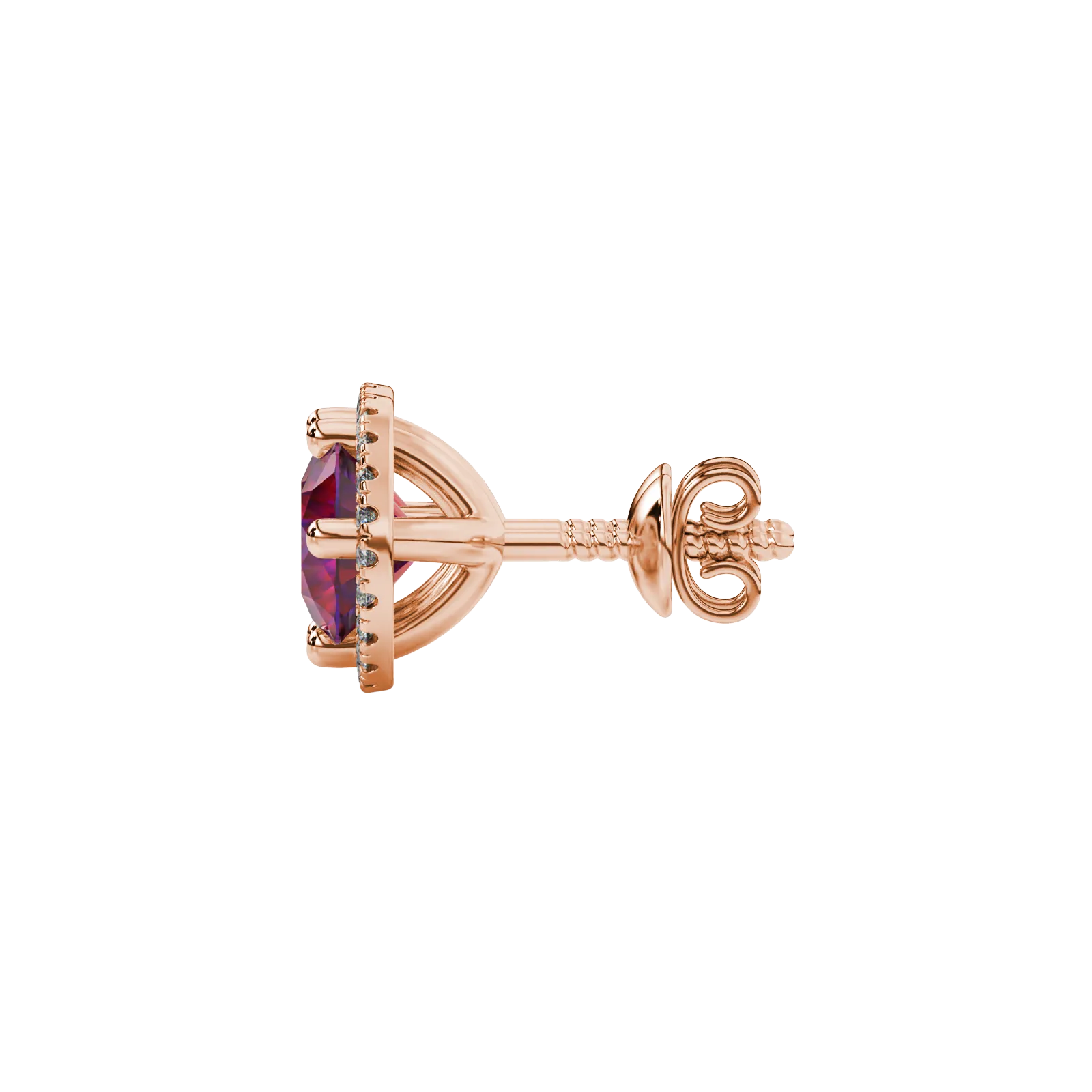 Side profile of rose gold raspberry red gemstone earrings showcasing the French pavé halo gallery.