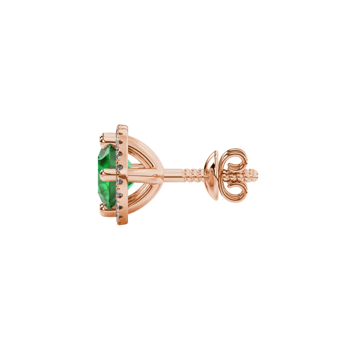 Side angle of rose gold emerald green gemstone earrings showcasing the French pavé halo design.