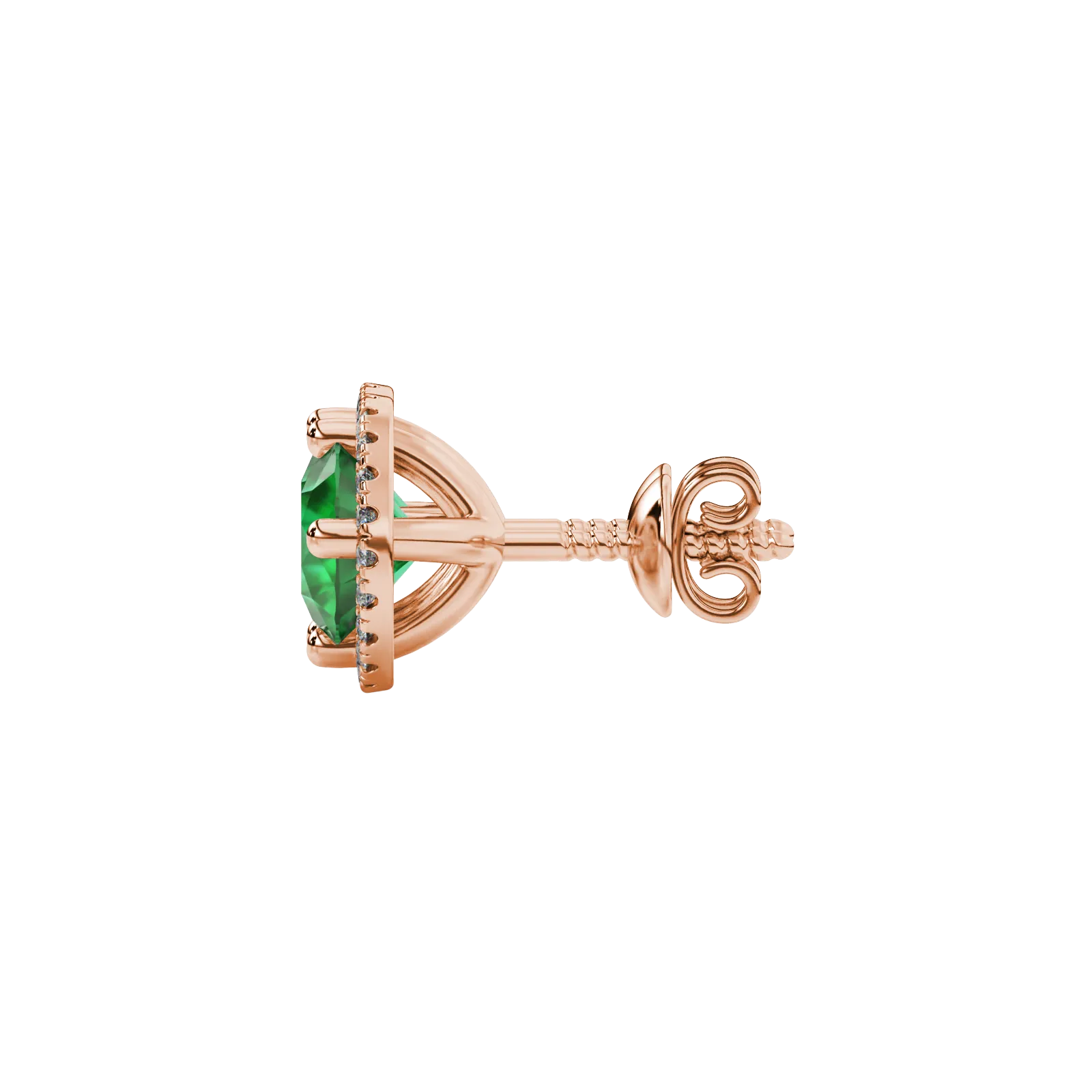 Side angle of rose gold emerald green gemstone earrings showcasing the French pavé halo design.