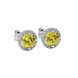 Close-up shot of a round-cut canary yellow gemstone in a white gold diamond French pavé halo setting.