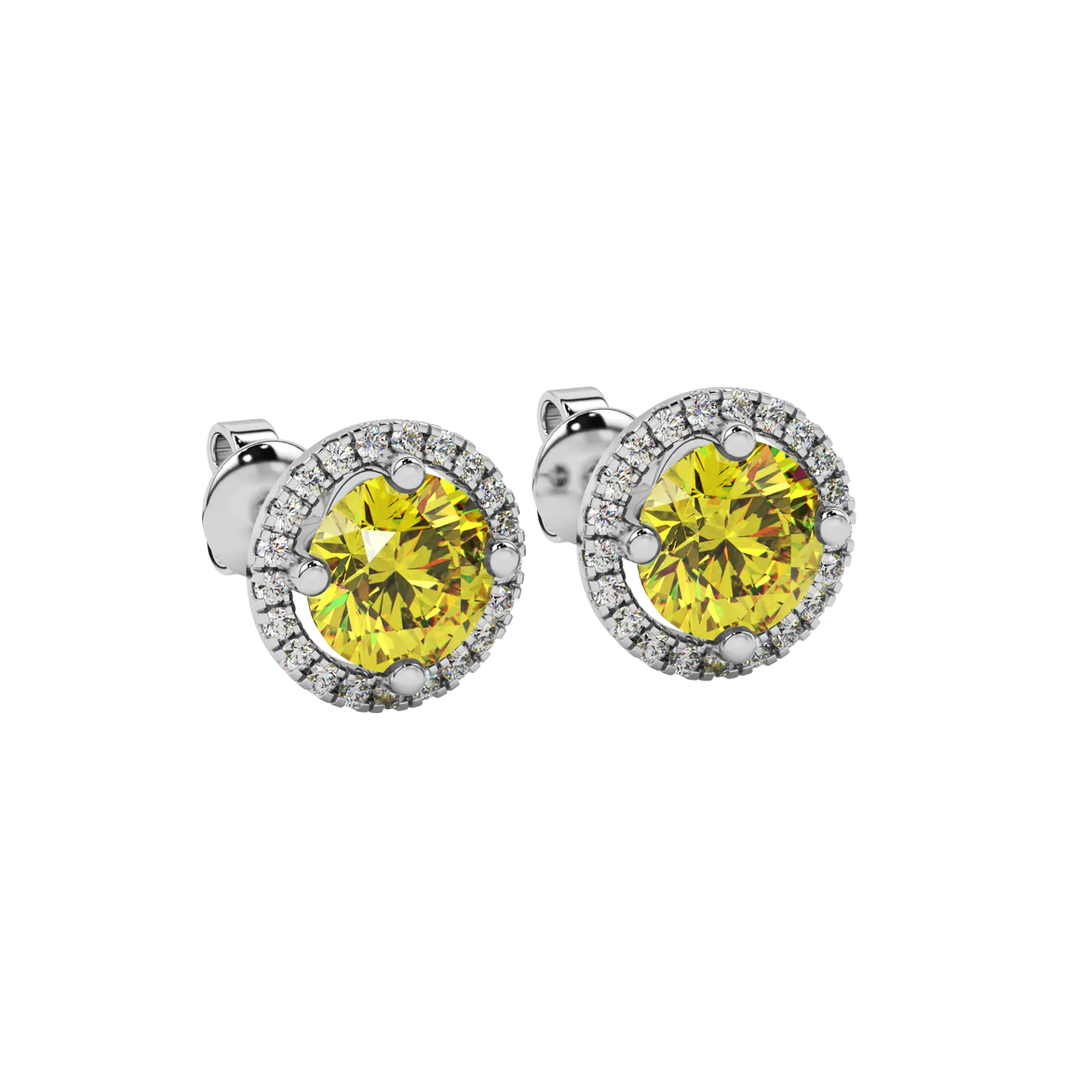 Close-up shot of a round-cut canary yellow gemstone in a white gold diamond French pavé halo setting.