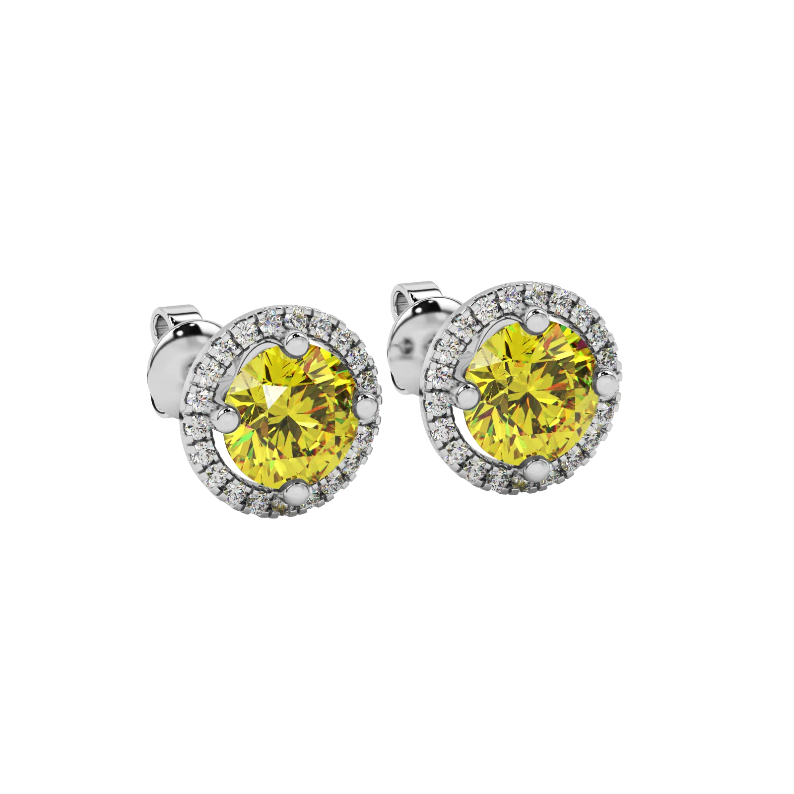 Close-up shot of a round-cut canary yellow gemstone in a white gold diamond French pavé halo setting.