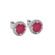 Close-up details of a round raspberry red gemstone secured in a white gold diamond French pavé halo setting.