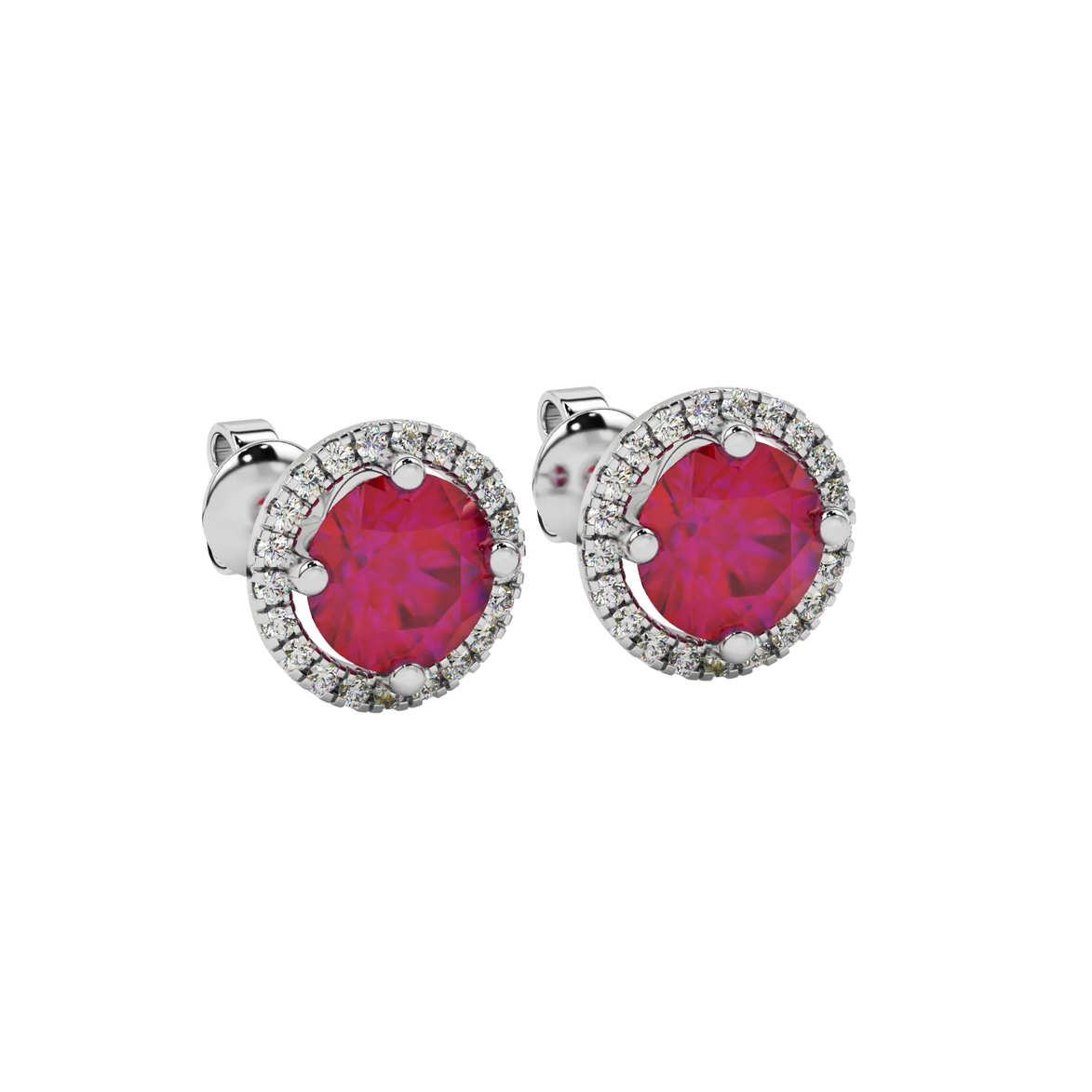 Close-up details of a round raspberry red gemstone secured in a white gold diamond French pavé halo setting.