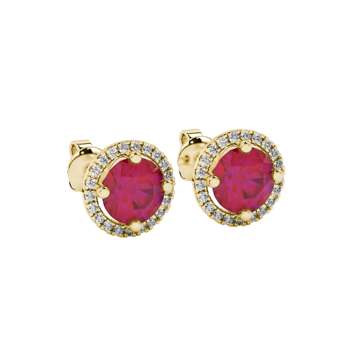 close-up of a round-cut raspberry red gemstone surrounded by a yellow gold diamond French pavé halo.