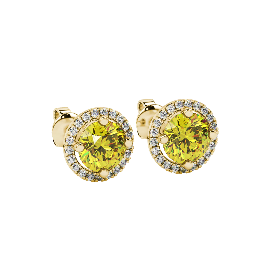 close-up of a round canary yellow gemstone secured in a yellow gold diamond French pavé halo.
