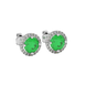 close-up of a round emerald green gemstone enclosed in a white gold diamond French pavé halo setting.