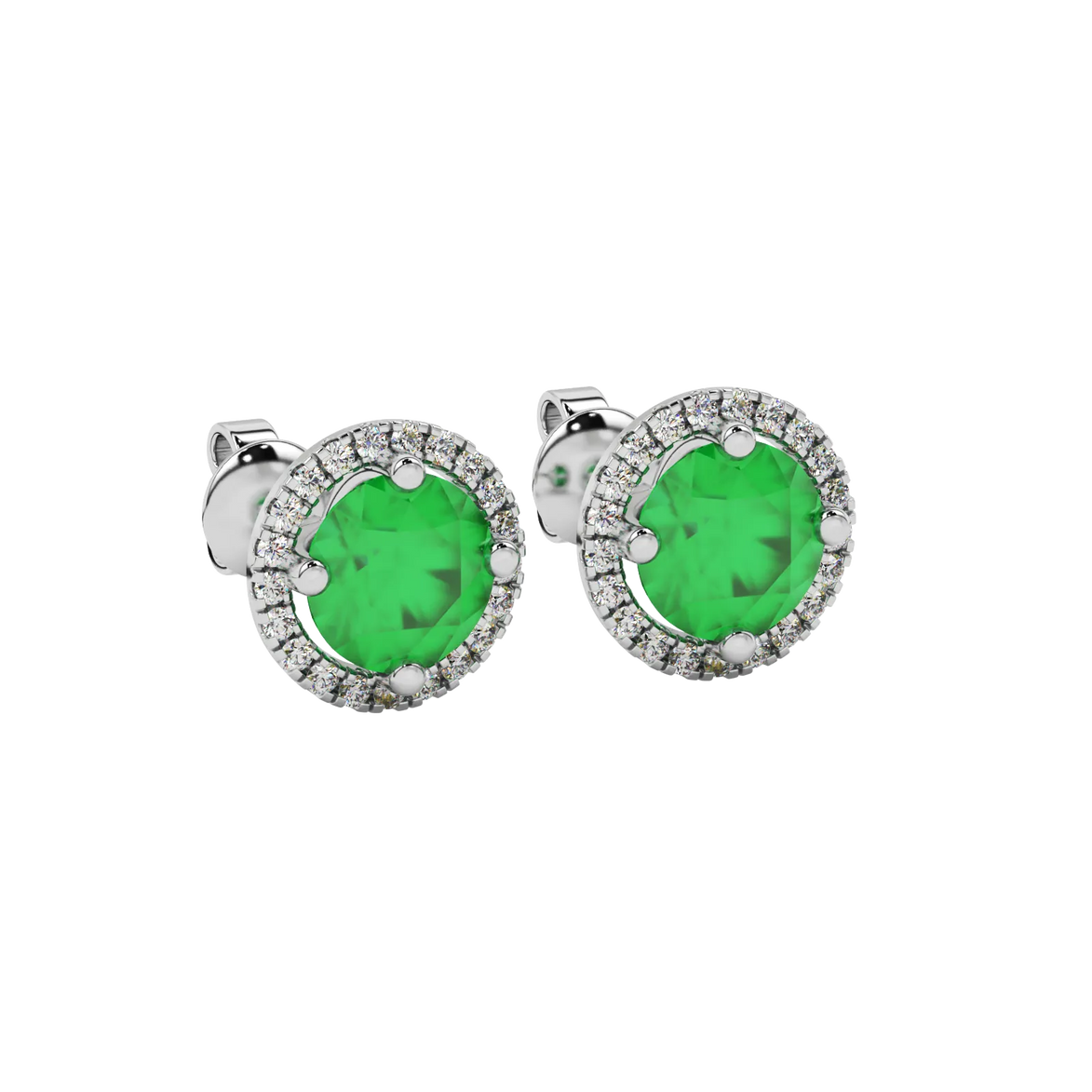 close-up of a round emerald green gemstone enclosed in a white gold diamond French pavé halo setting.