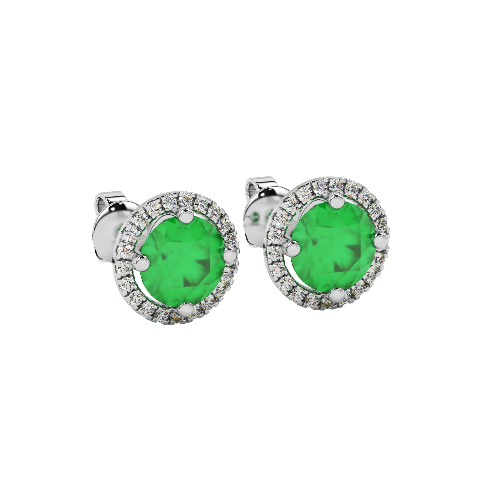 close-up of a round emerald green gemstone enclosed in a white gold diamond French pavé halo setting.