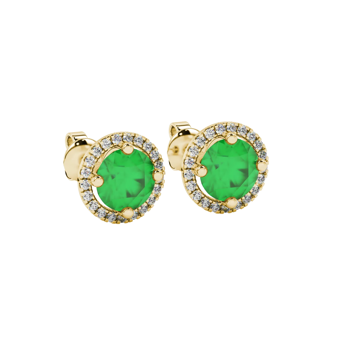 Close-up details of a round-cut emerald green gemstone in a yellow gold diamond French pavé halo.