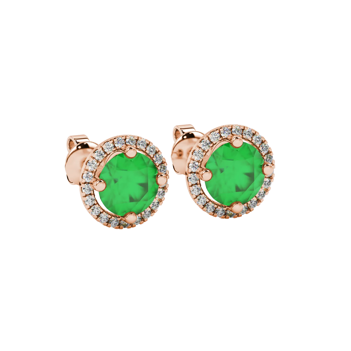 Close-up macro shot of round emerald green gemstone stud earrings with a rose gold diamond French pavé halo.