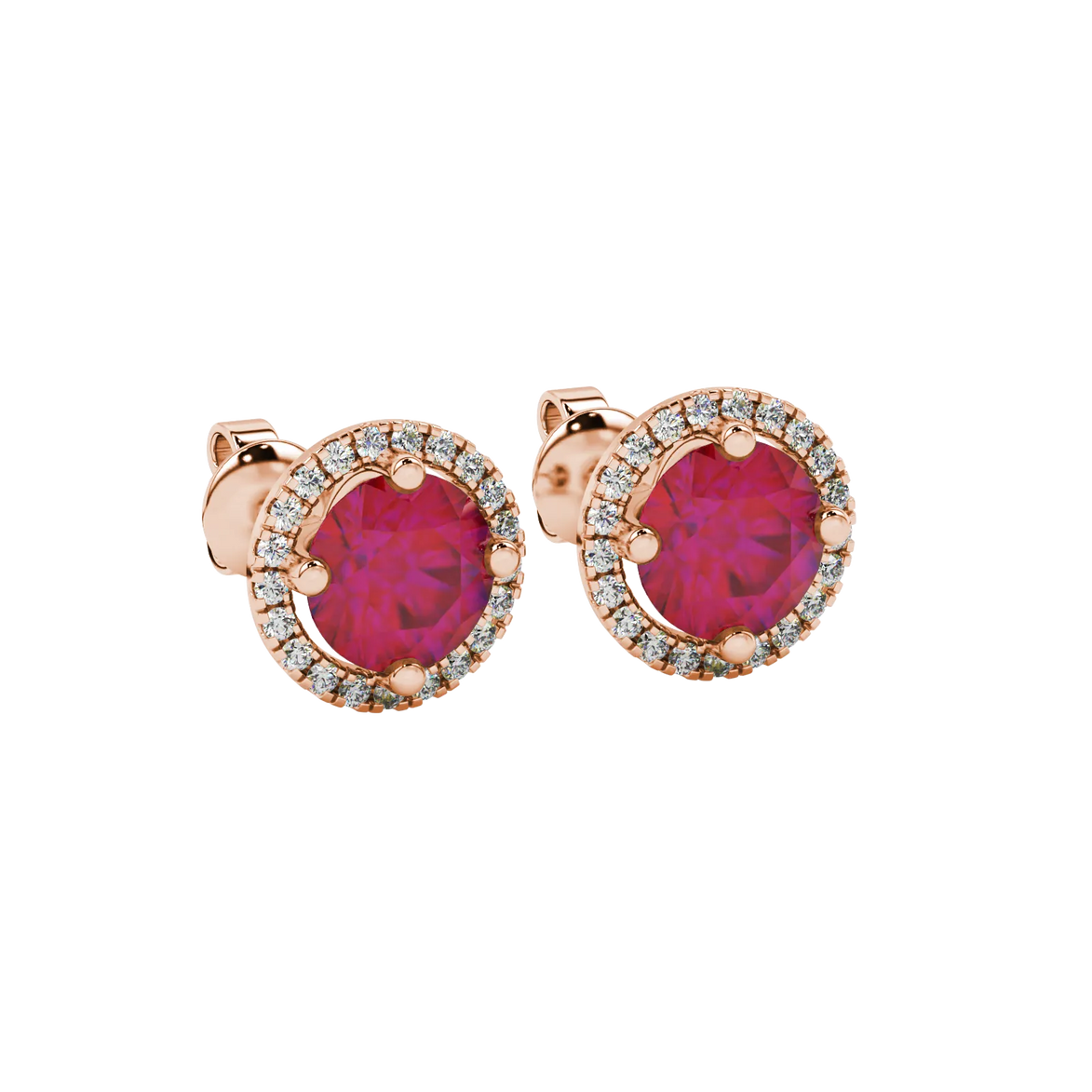 Close-up shot of round raspberry red gemstone stud earrings with a diamond French pavé halo in rose gold.