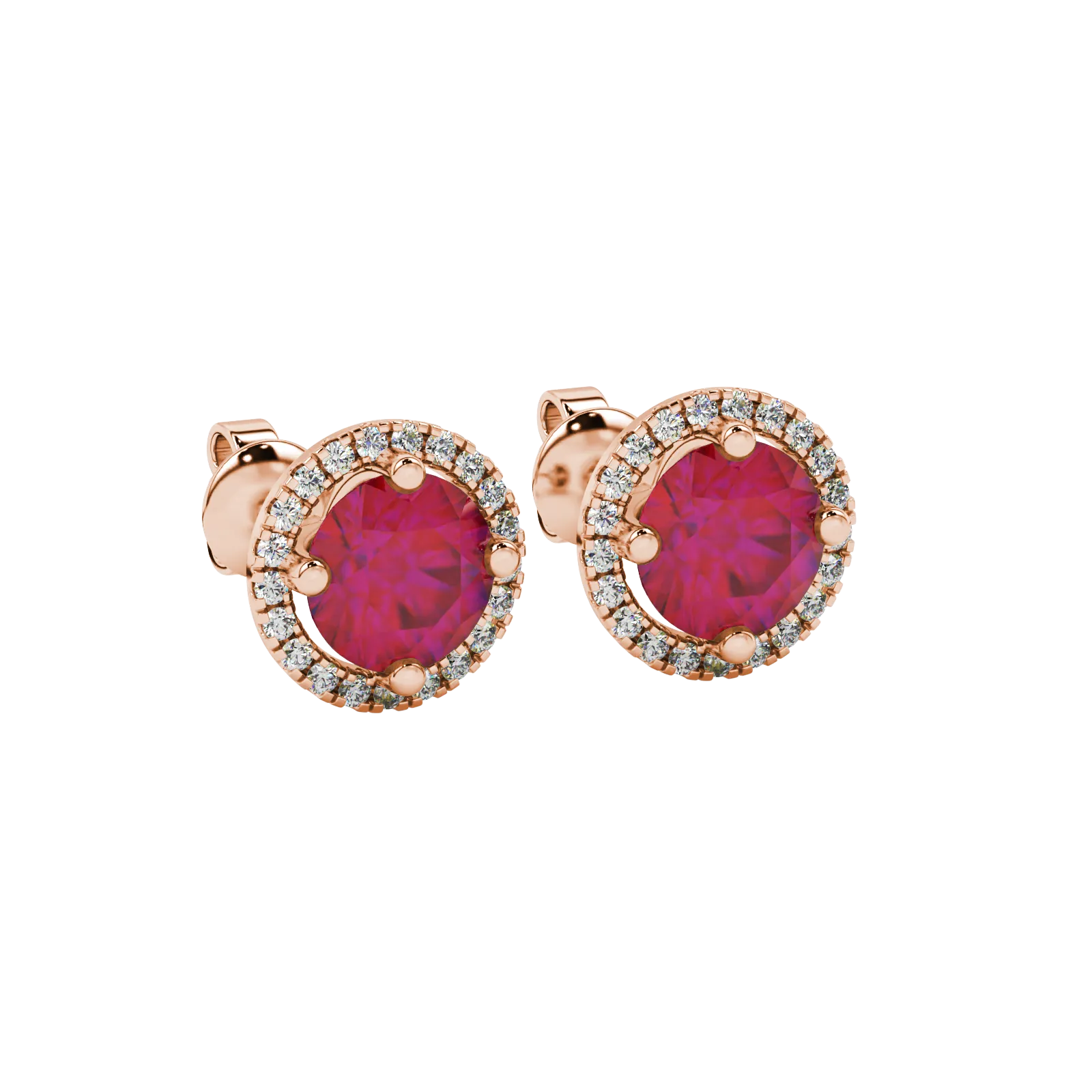 Close-up shot of round raspberry red gemstone stud earrings with a diamond French pavé halo in rose gold.