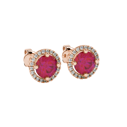 Close-up shot of round raspberry red gemstone stud earrings with a diamond French pavé halo in rose gold.