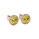 close-up of round canary yellow gemstone stud earrings with an intricate rose gold diamond French pavé halo