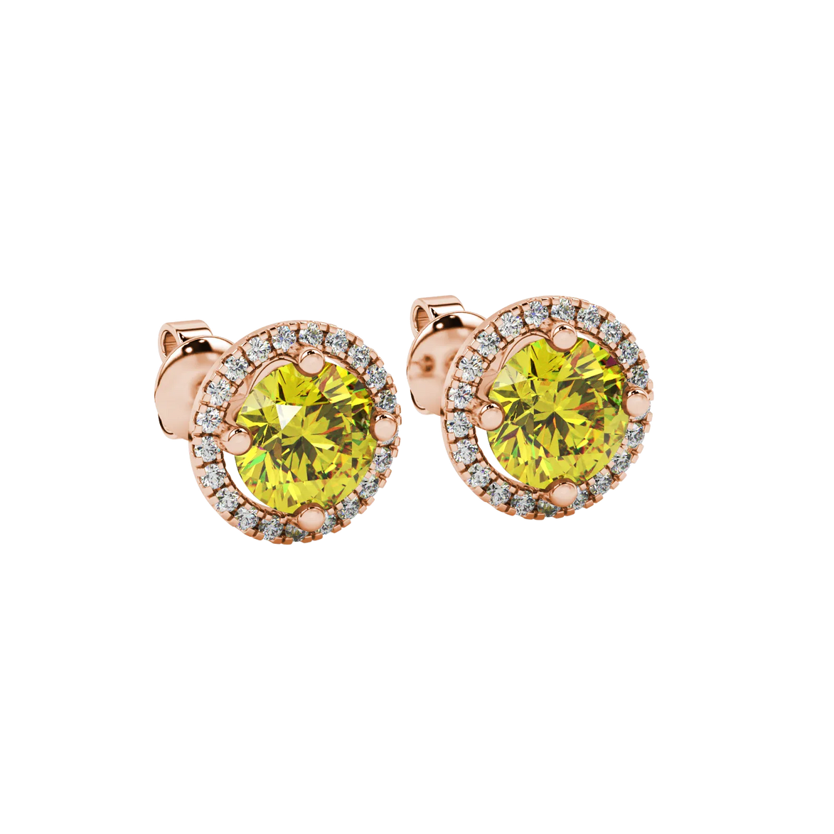 close-up of round canary yellow gemstone stud earrings with an intricate rose gold diamond French pavé halo