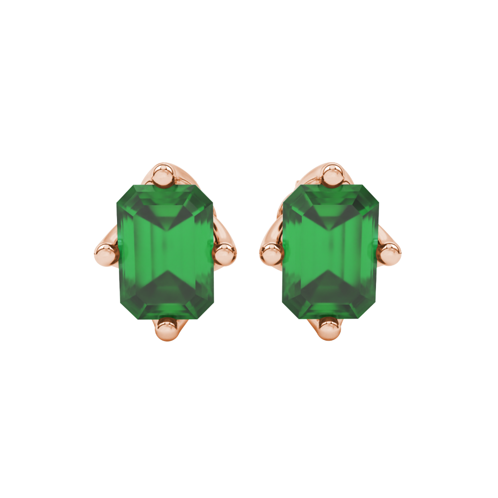 Emerald cut green gemstone stud earrings in rose gold solitaire setting
