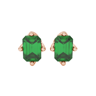 Emerald cut green gemstone stud earrings in rose gold solitaire setting