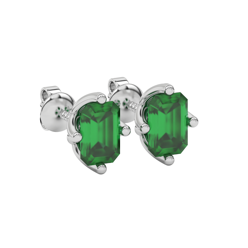 Emerald cut green gemstone stud earrings in rose gold solitaire setting