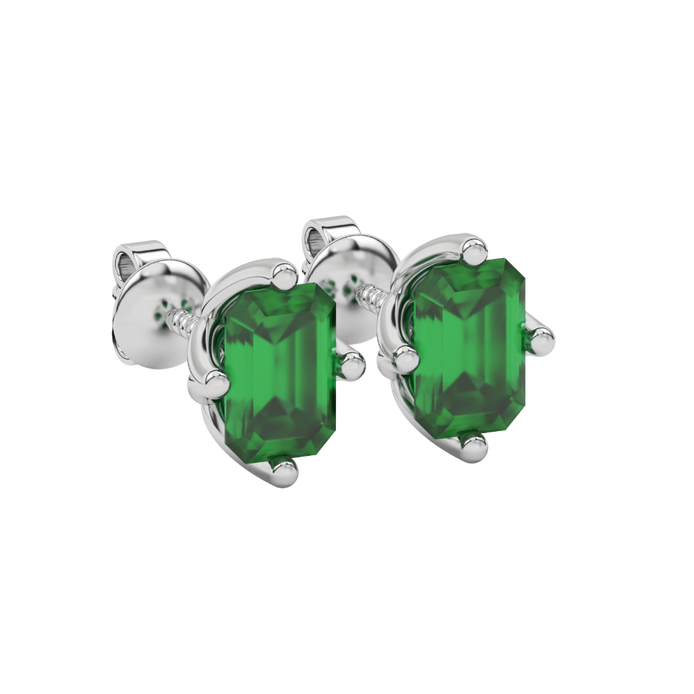 Emerald cut green gemstone stud earrings in rose gold solitaire setting