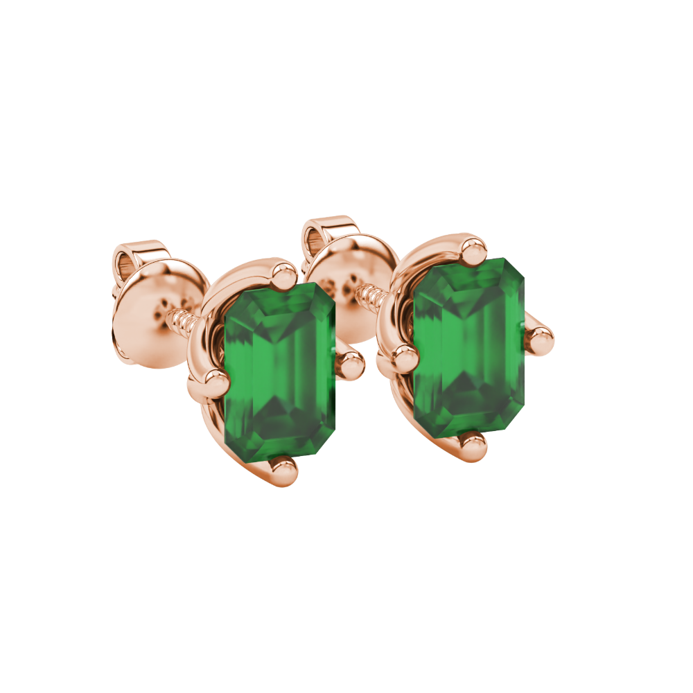 Emerald cut green gemstone stud earrings in rose gold solitaire setting