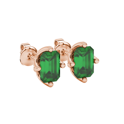 Emerald cut green gemstone stud earrings in rose gold solitaire setting