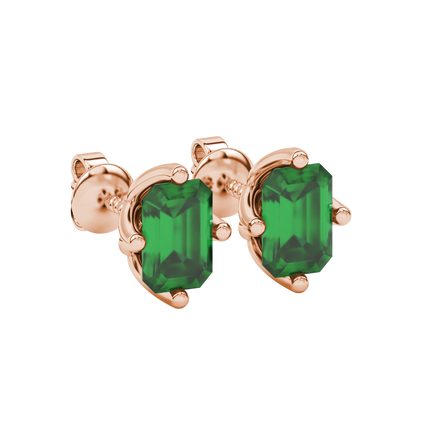 Emerald cut green gemstone stud earrings in rose gold solitaire setting