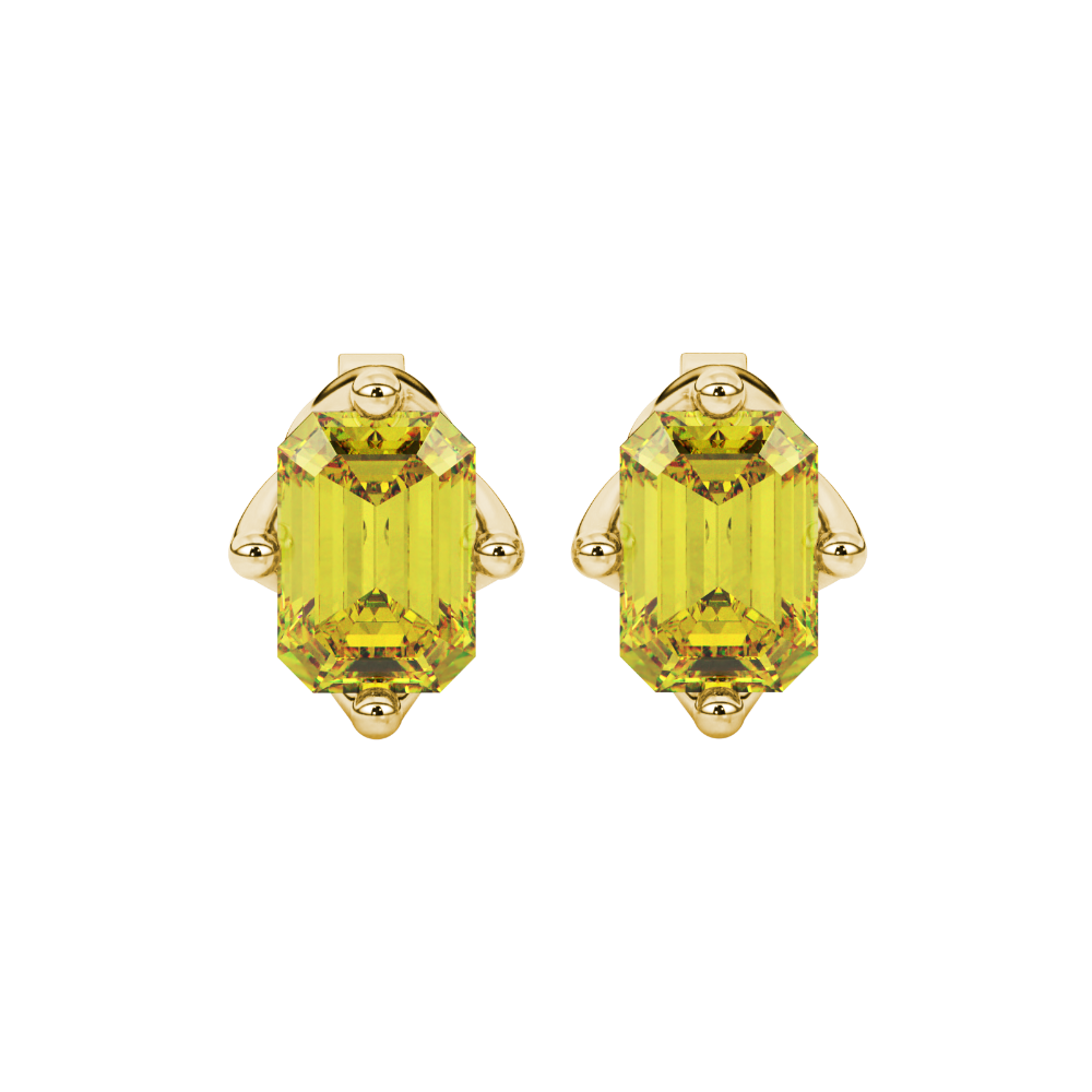 Emerald cut yellow gemstone solitaire stud earrings in fine gold setting
