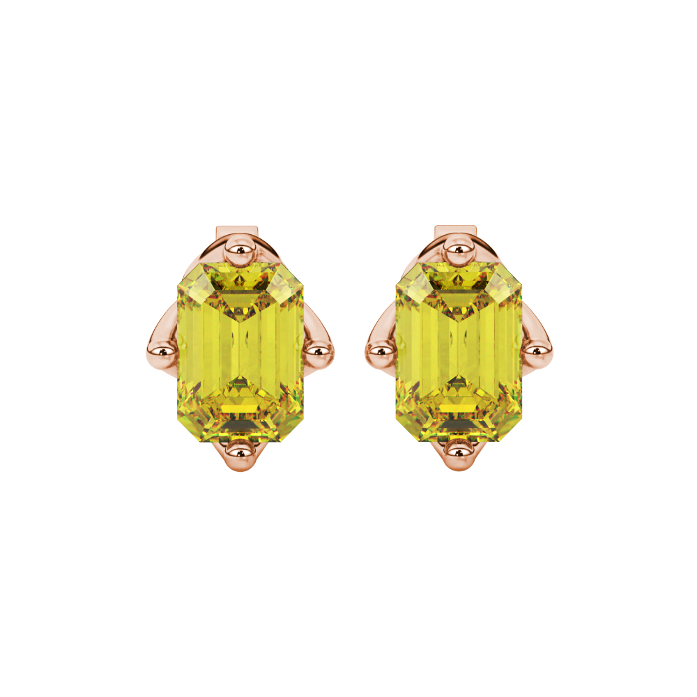 Emerald cut yellow gemstone solitaire stud earrings in fine gold setting