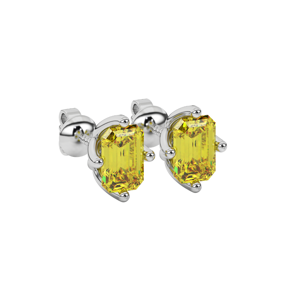Emerald cut yellow gemstone solitaire stud earrings in fine gold setting