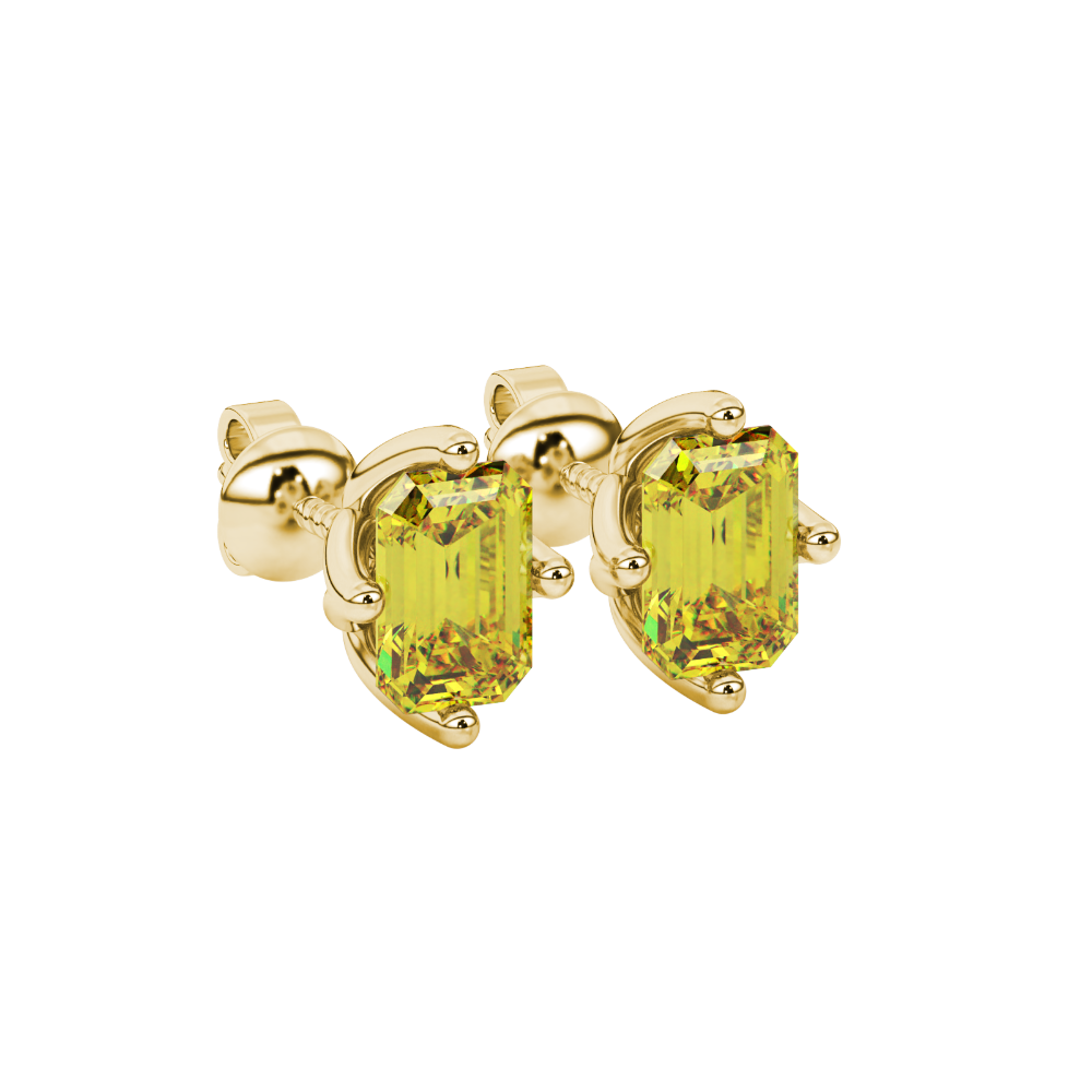 Emerald cut yellow gemstone solitaire stud earrings in fine gold setting