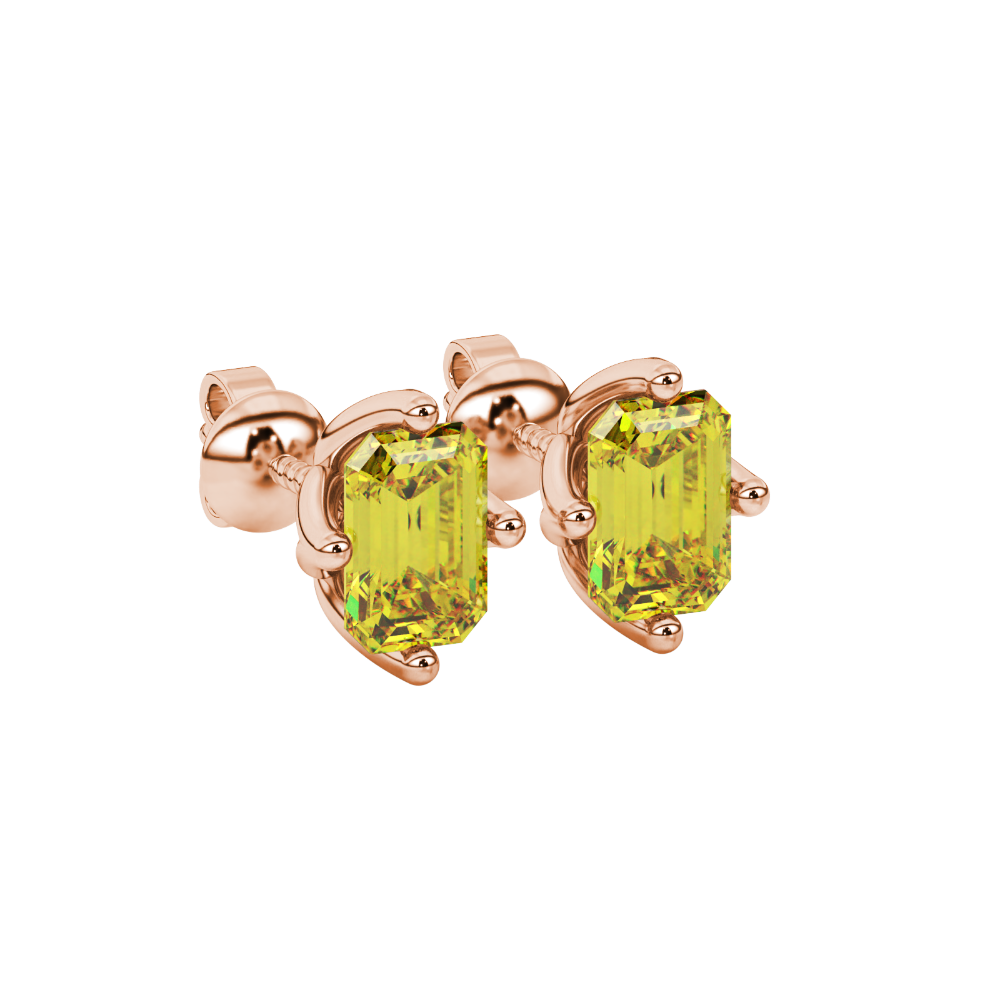 Emerald cut yellow gemstone solitaire stud earrings in fine gold setting