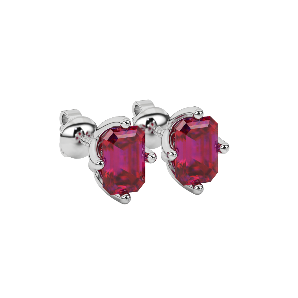 Emerald cut red gemstone stud earrings with elegant open prong design