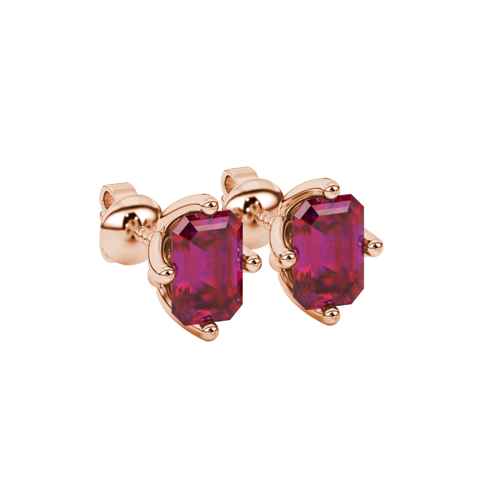 Emerald cut red gemstone stud earrings with elegant open prong design