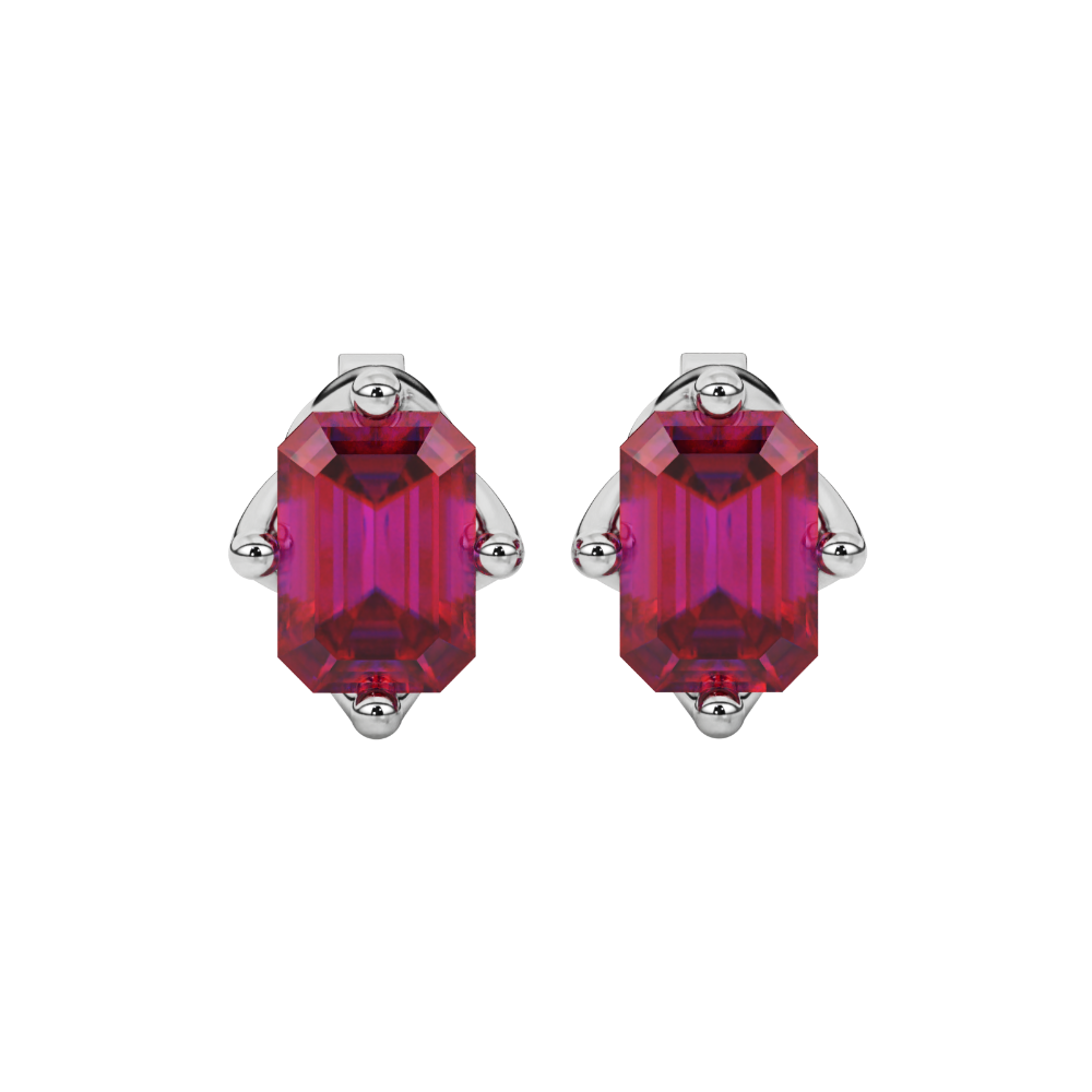Emerald cut red gemstone stud earrings with elegant open prong design
