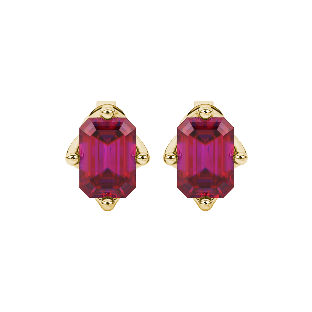 Emerald cut red gemstone stud earrings with elegant open prong design