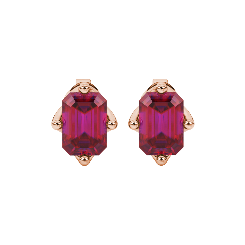 Emerald cut red gemstone stud earrings with elegant open prong design