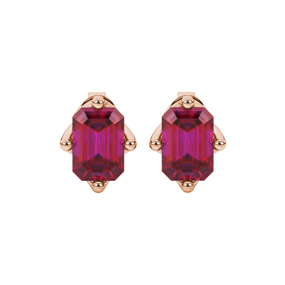 Emerald cut red gemstone stud earrings with elegant open prong design