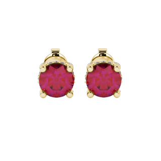 Round-cut raspberry red gemstone stud earrings in a yellow gold pavé basket diamond setting.