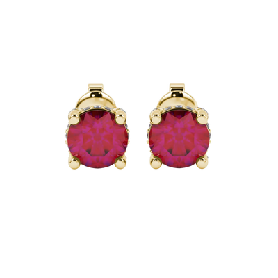 Round-cut raspberry red gemstone stud earrings in a yellow gold pavé basket diamond setting.