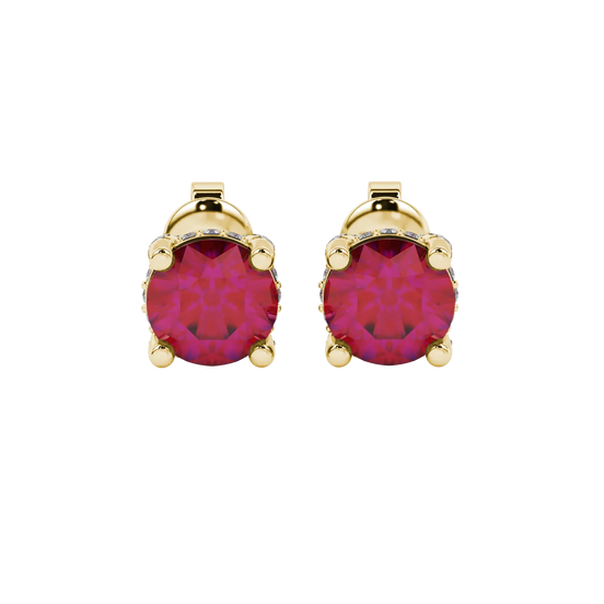 Round-cut raspberry red gemstone stud earrings in a yellow gold pavé basket diamond setting.